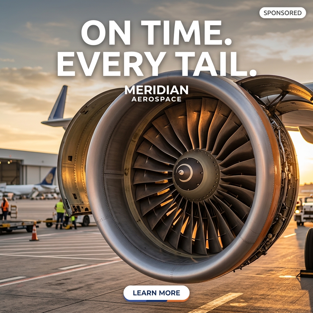 Meridian Aerospace ad — On time. Every tail. Sending it back with 'more cinematic' regenerates it to a golden-hour version.