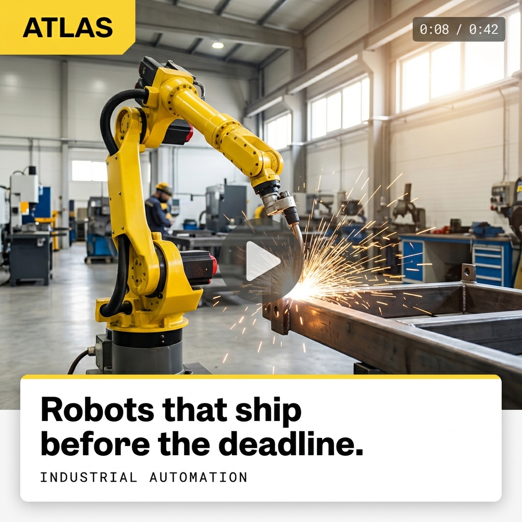 Atlas Robotics video ad — Robots that ship before the deadline. Rework swaps to a cinematic dusk version with the headline 'Ship. Friday.'